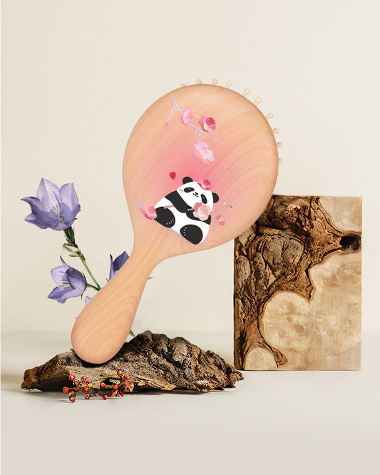 Panda Pink Wooden Hair Brush