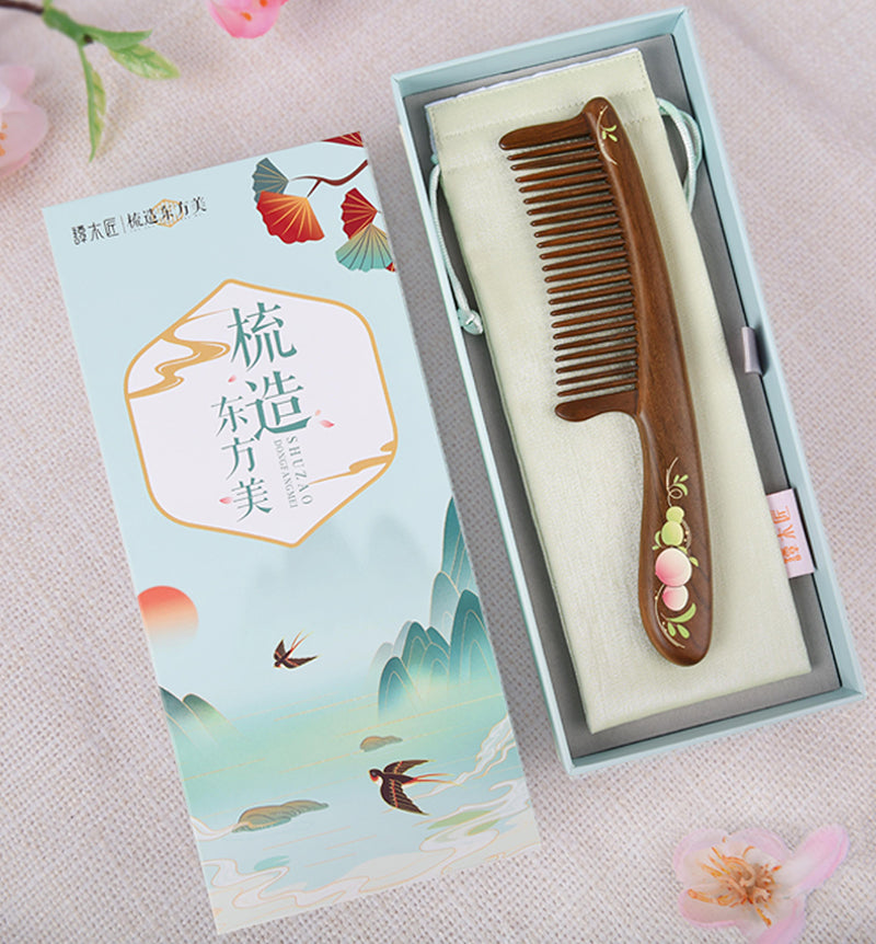 Handheld Wooden Comb, Peach Pattern