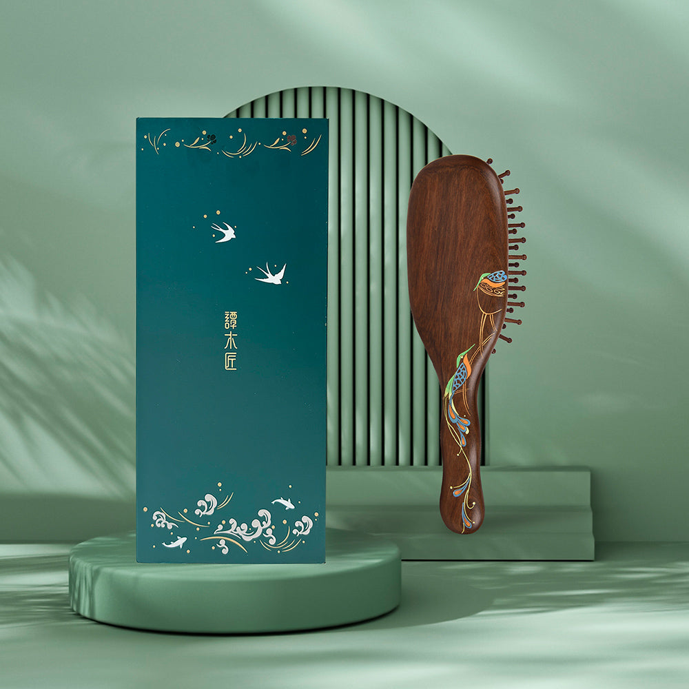Peacock Wooden Hair Brush