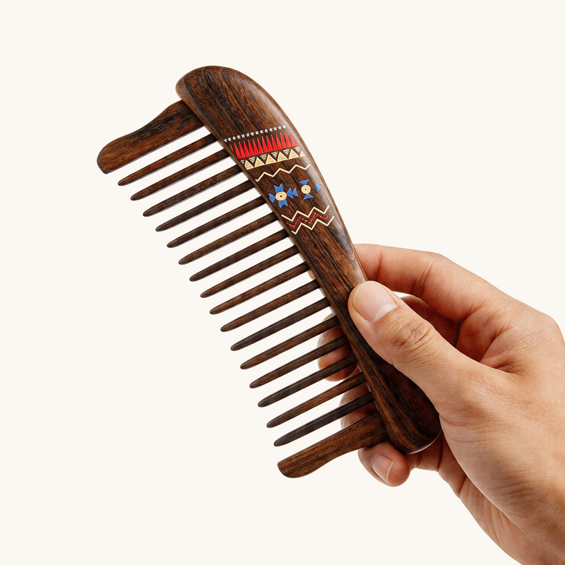 Wooden Hair Comb with Geometric Pattern