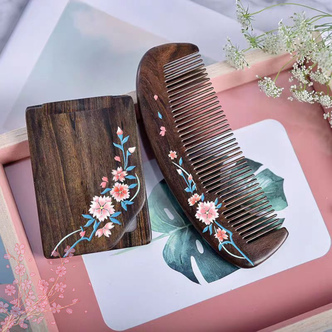Wooden Comb and Mirror Set-Sakura Blossom Pattern