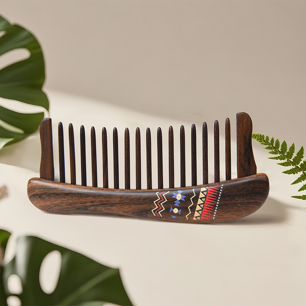 Wooden Hair Comb with Geometric Pattern
