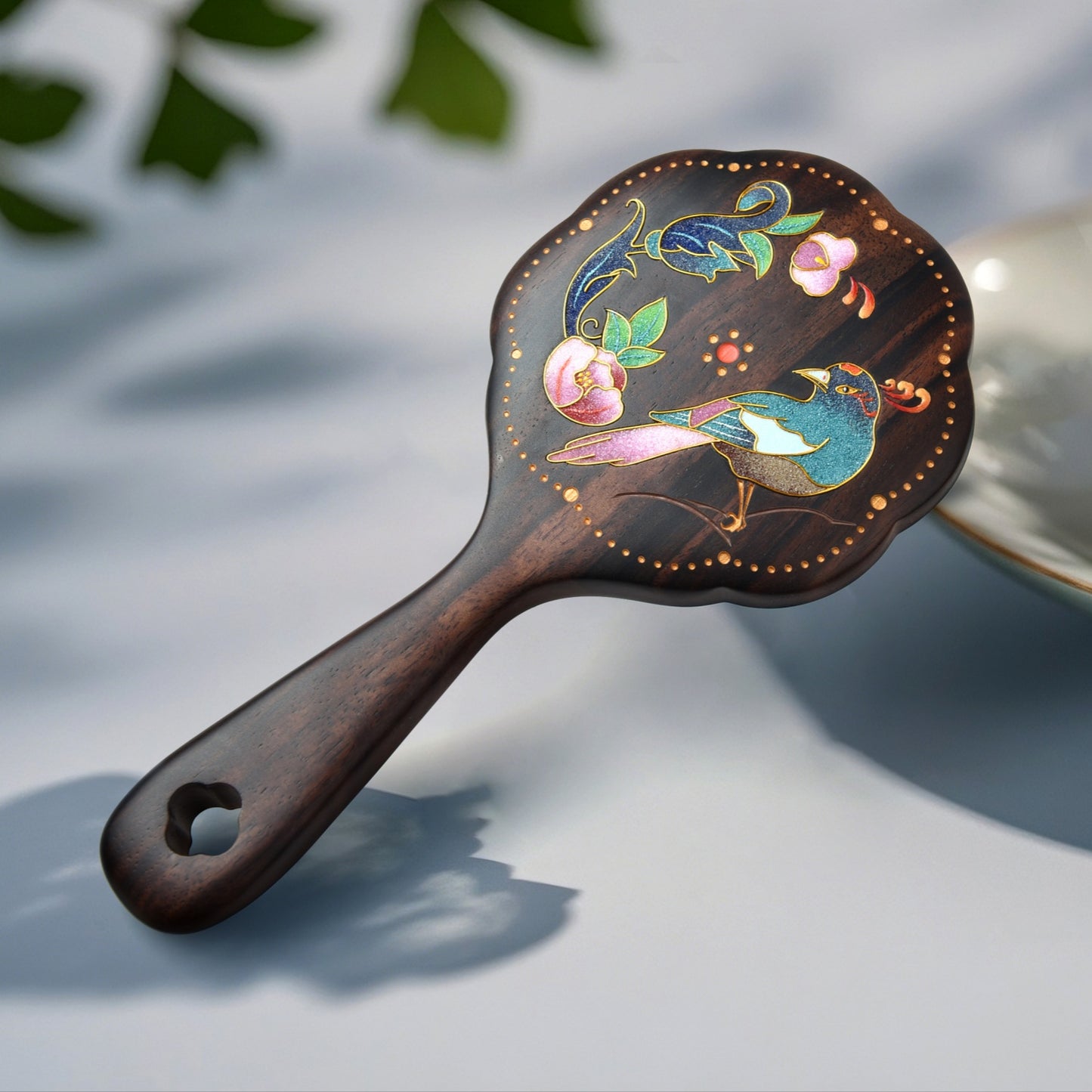 Wooden Cloisonn¡§| Enamel Handheld Mirror-Blossoms & Birds