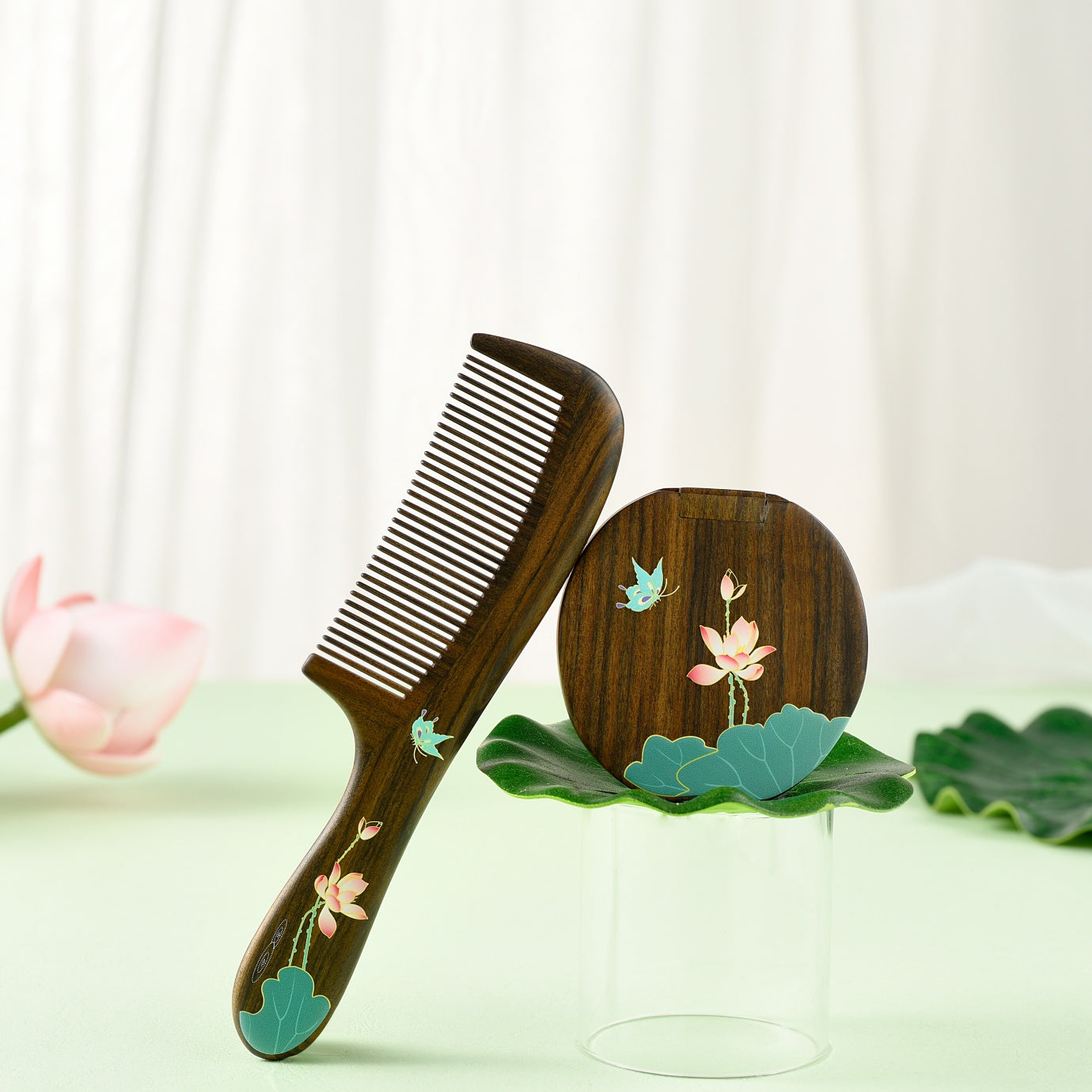 Wooden Comb & Mirror Set (Butterfly & Lotus )