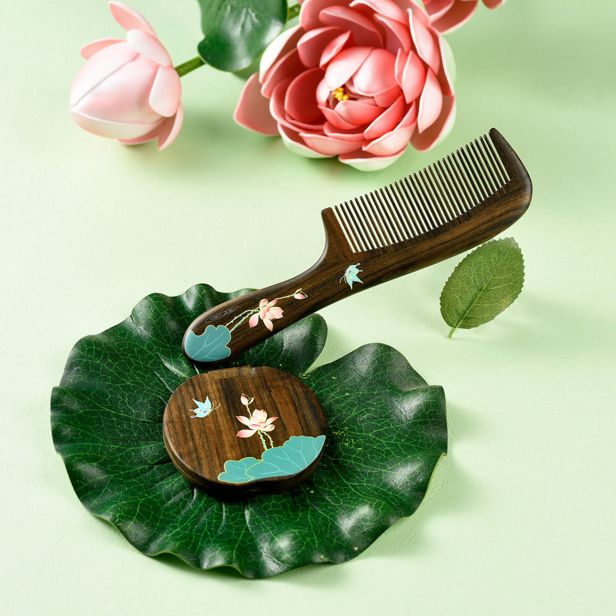 Wooden Comb & Mirror Set (Butterfly & Lotus )