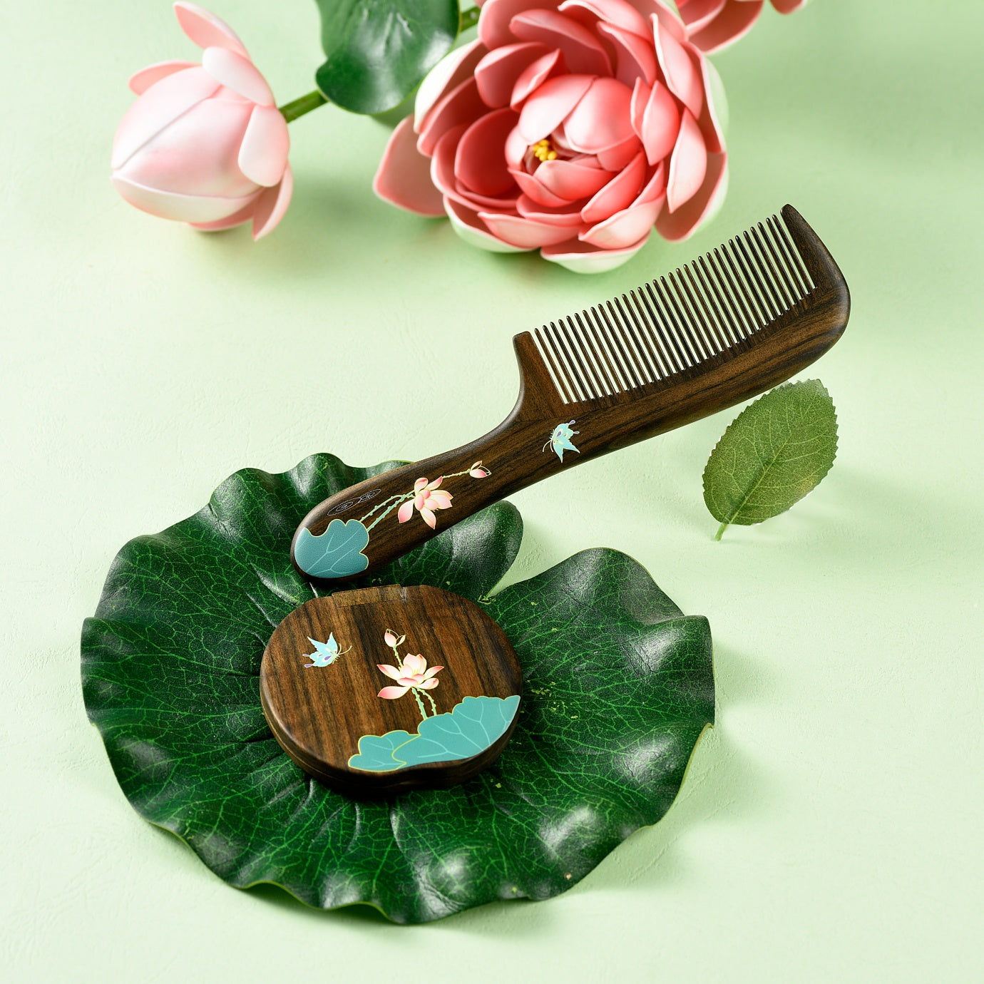 Wooden Comb & Mirror Set (Butterfly & Lotus )