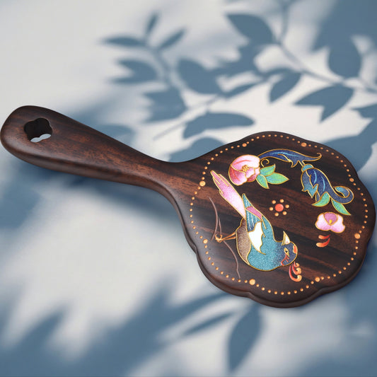 Wooden Cloisonn¡§| Enamel Handheld Mirror-Blossoms & Birds