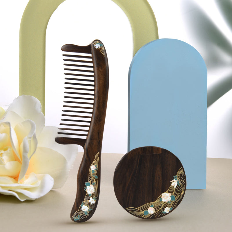 Natural Wooden Comb & Mirror Gift Set Flourishing Journey