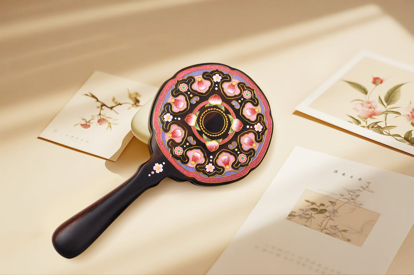 Fourfold Harmony | Cloisonné Enamel on Wood Handheld Ebony Mirror