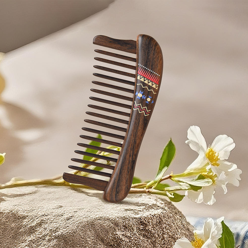 Wooden Hair Comb with Geometric Pattern