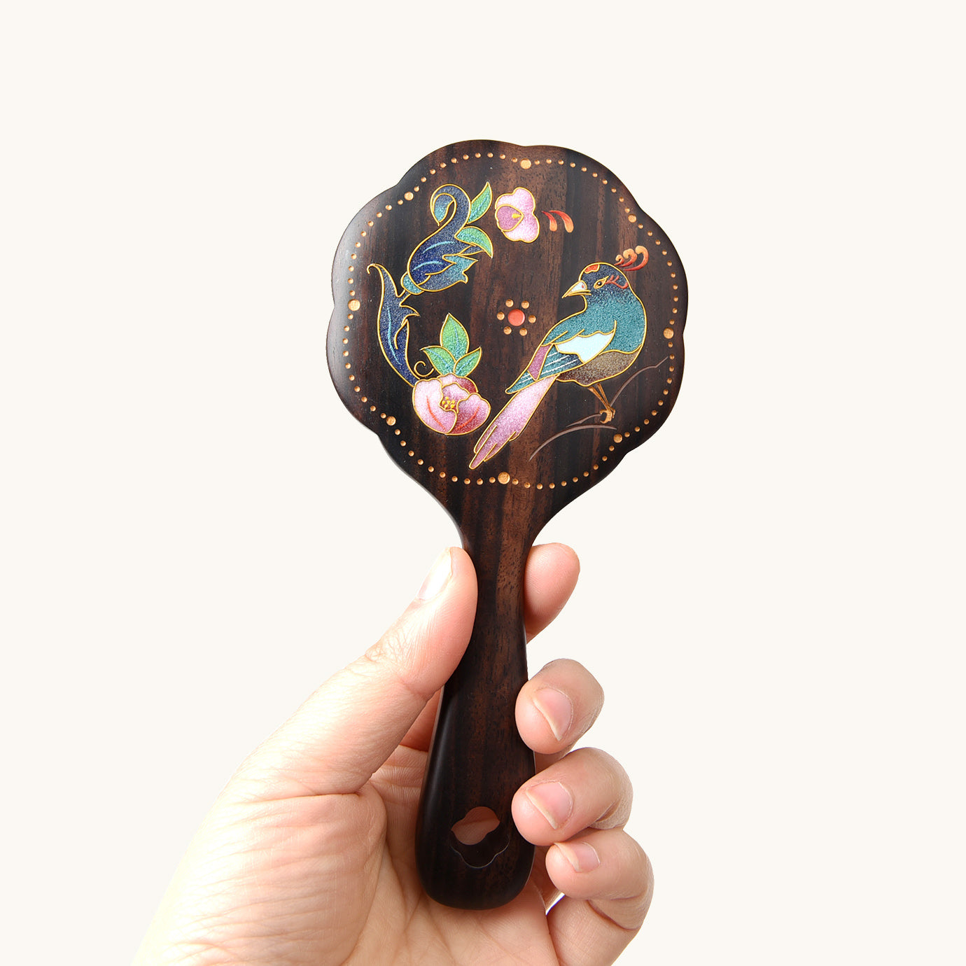 Wooden Cloisonn Enamel Handheld Mirror-Blossoms & Birds
