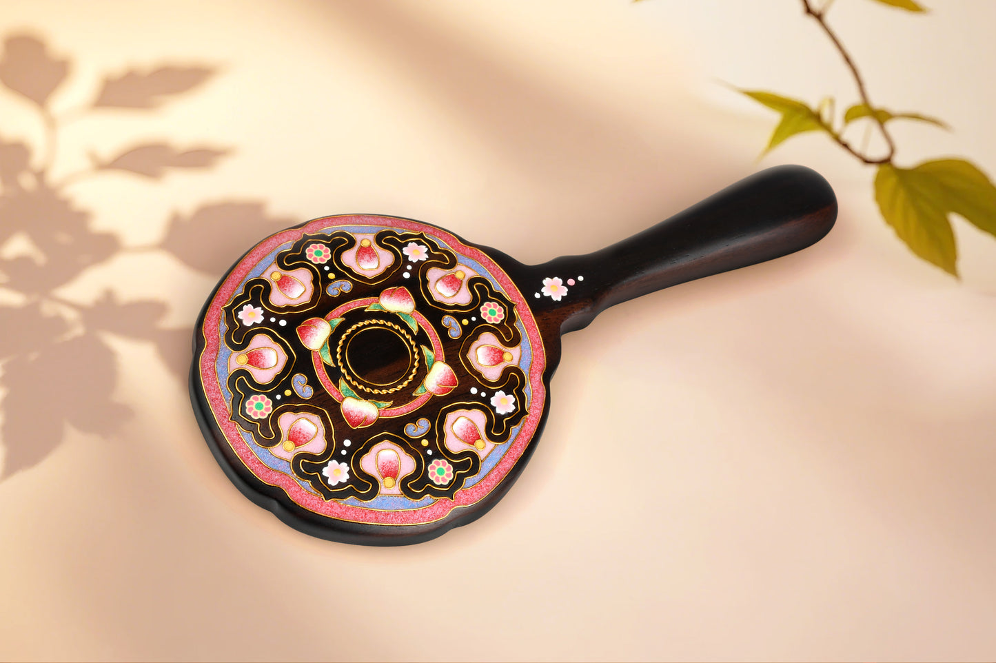 Fourfold Harmony | Cloisonné Enamel on Wood Handheld Ebony Mirror