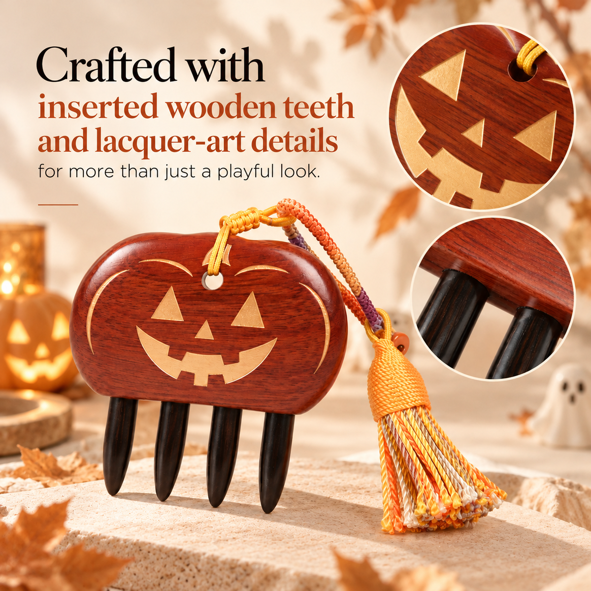 Pumpkin Spirit | Inserted Tooth Craft & Lacquer Art Craft Satine Bloodwood & Ebony Massage Comb