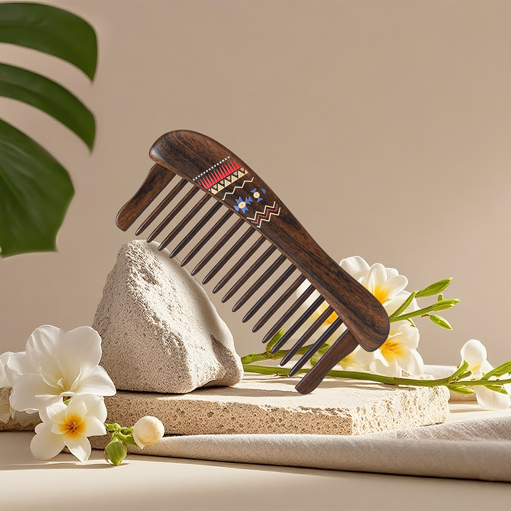 Wooden Hair Comb with Geometric Pattern