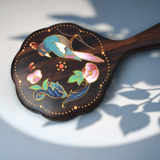 Wooden Cloisonn¡§| Enamel Handheld Mirror-Blossoms & Birds