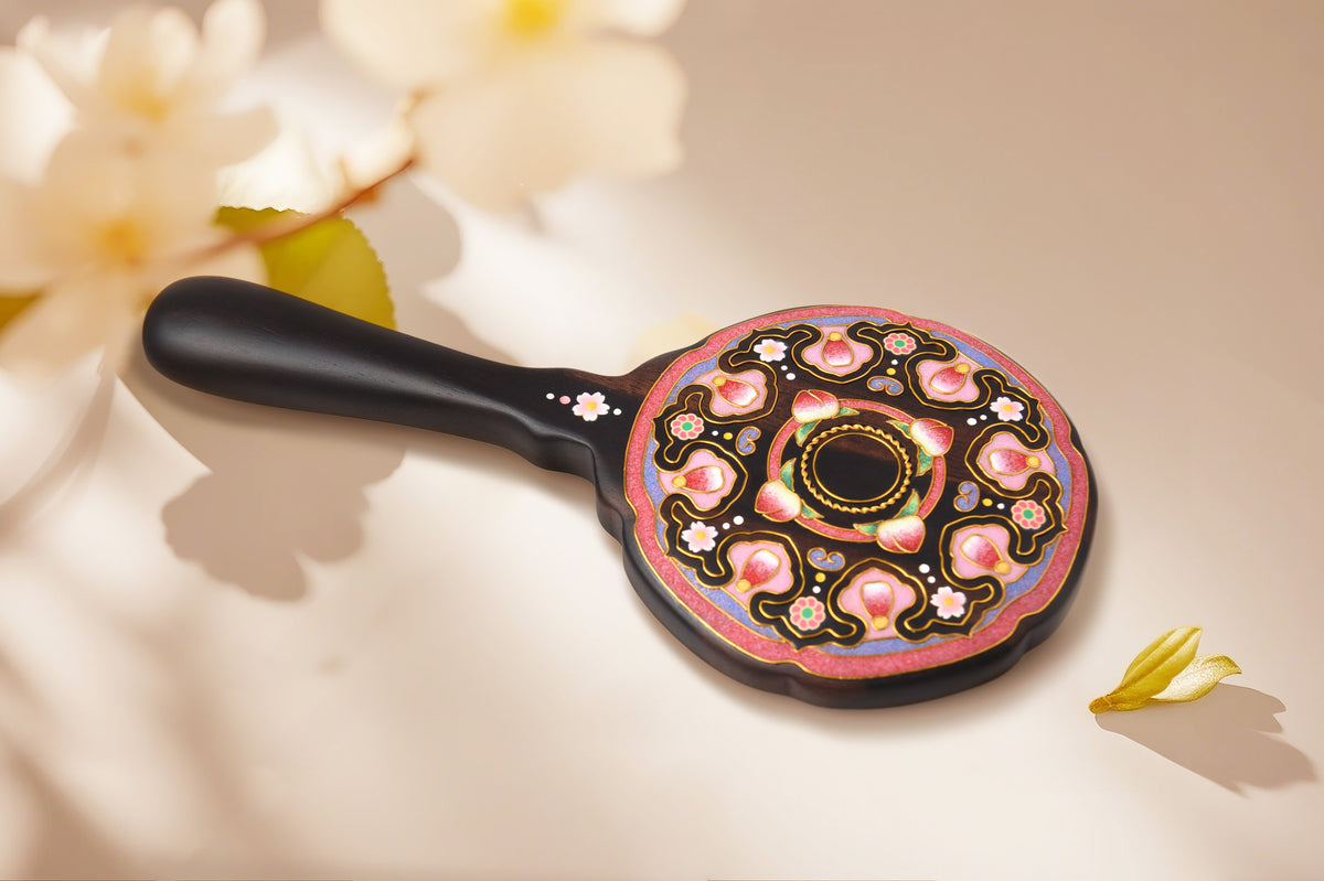 Fourfold Harmony | Cloisonné Enamel on Wood Handheld Ebony Mirror