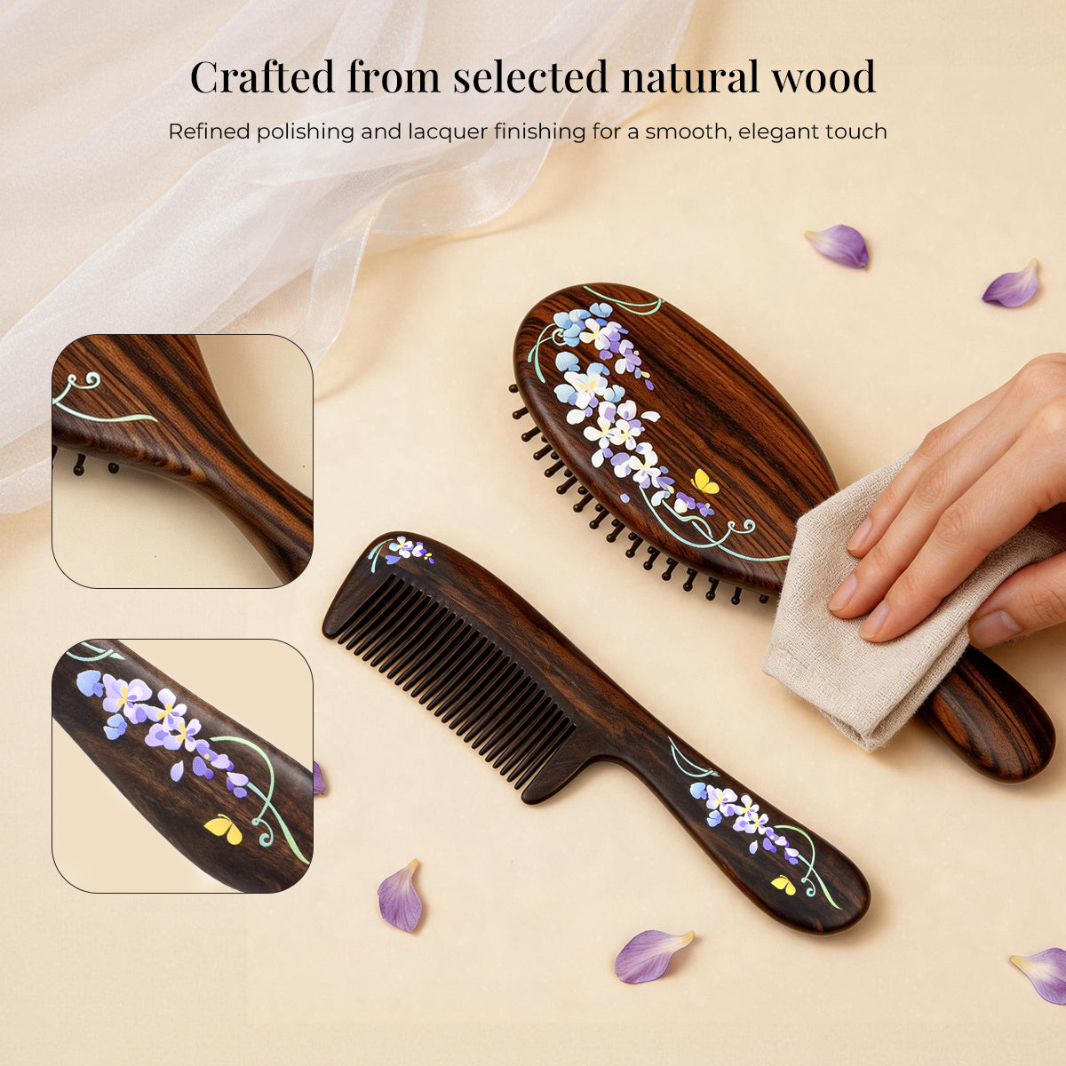 Purple Elegance | Lacquer Art Craft Chacate Preto Pair Comb Gift Set