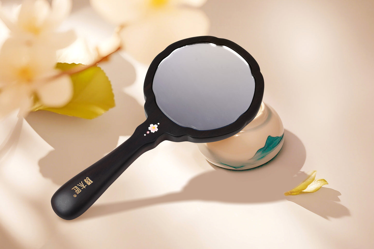 Fourfold Harmony | Cloisonné Enamel on Wood Handheld Ebony Mirror