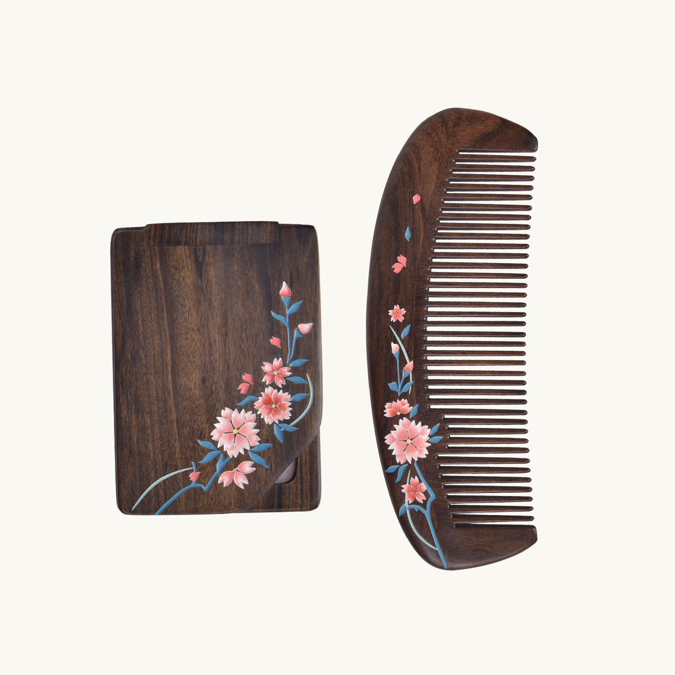 Wooden Comb and Mirror Set-Sakura Blossom Pattern – Tan Mujiang
