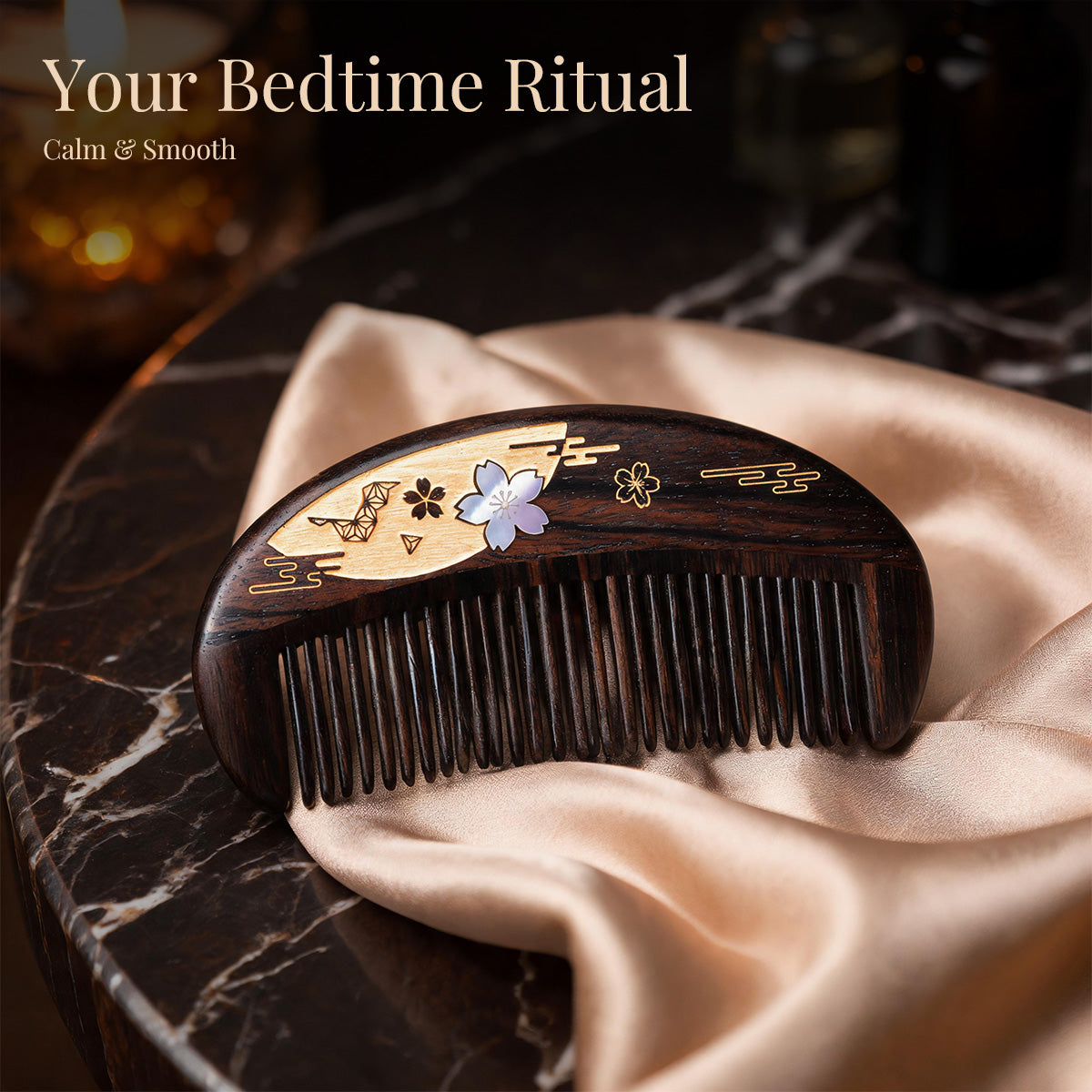 Moonlit Sakura | Lacquer Art Craft Ebony Wood Comb