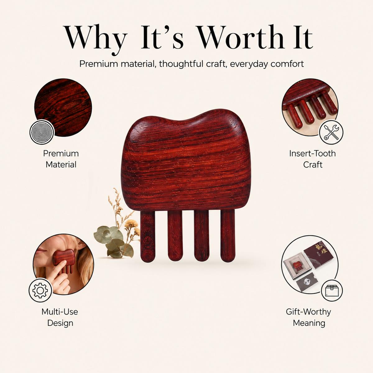 Auspicious Glow | Inserted Tooth Craft Red Sandalwood Massage Comb