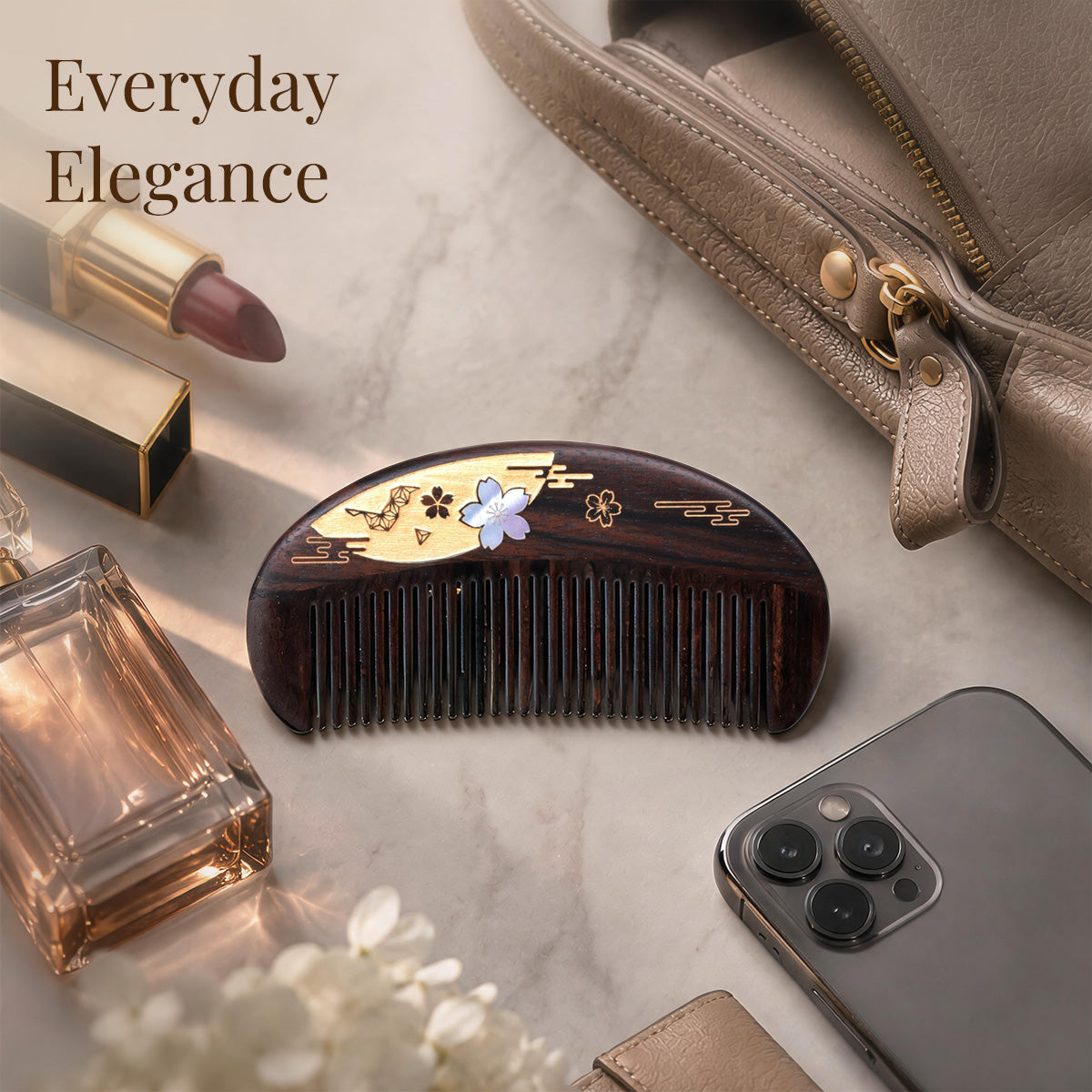 Moonlit Sakura | Lacquer Art Craft Ebony Wood Comb – Tan Mujiang