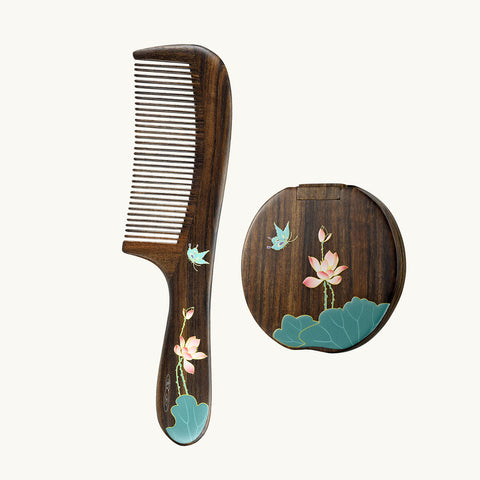 Wooden Comb & Mirror Set (Butterfly & Lotus )
