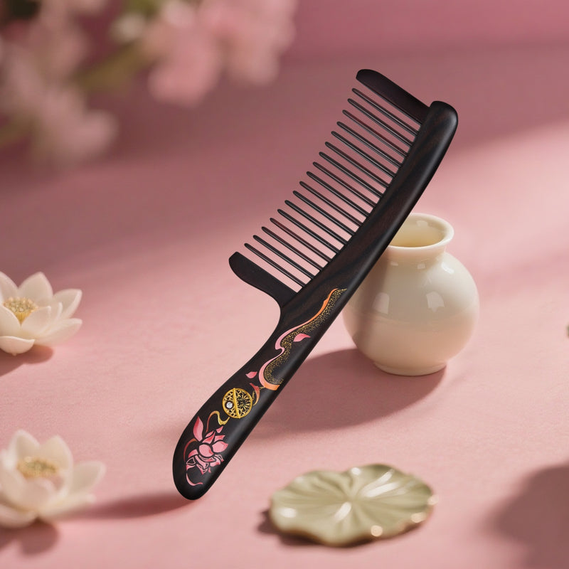 Black comb with decorative handle on a pink background with flowers and a vase.