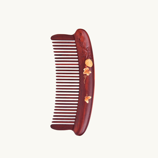 Red Wood Hair Comb (Melon & Leaf Pattern)