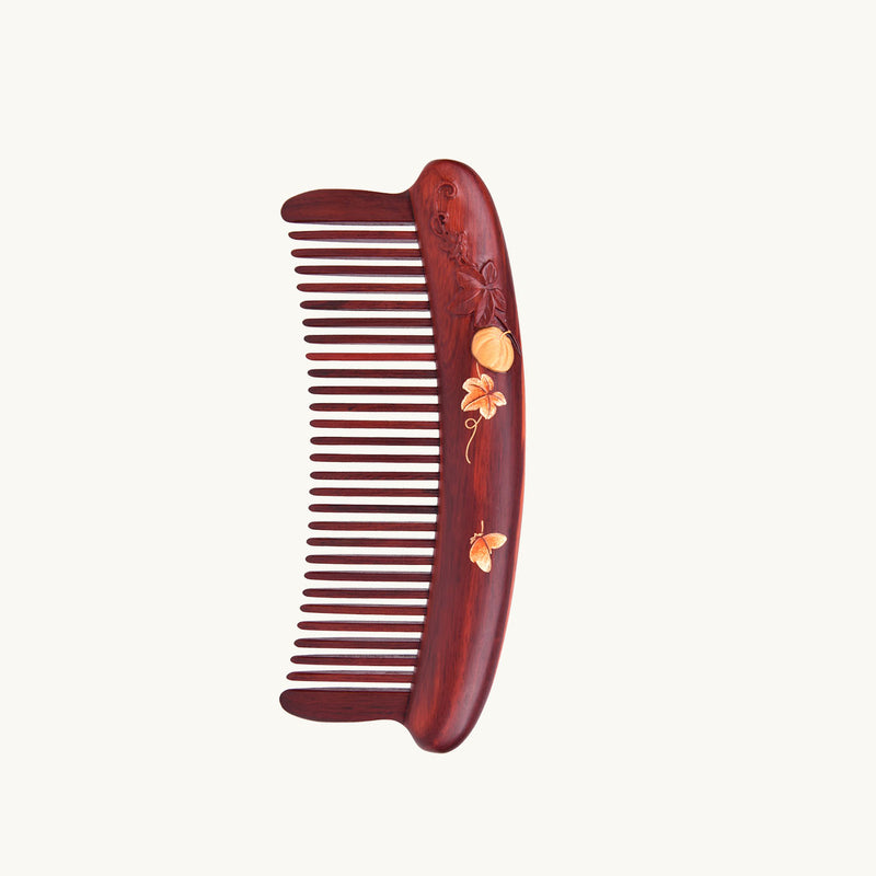 Red Wood Hair Comb (Melon & Leaf Pattern)