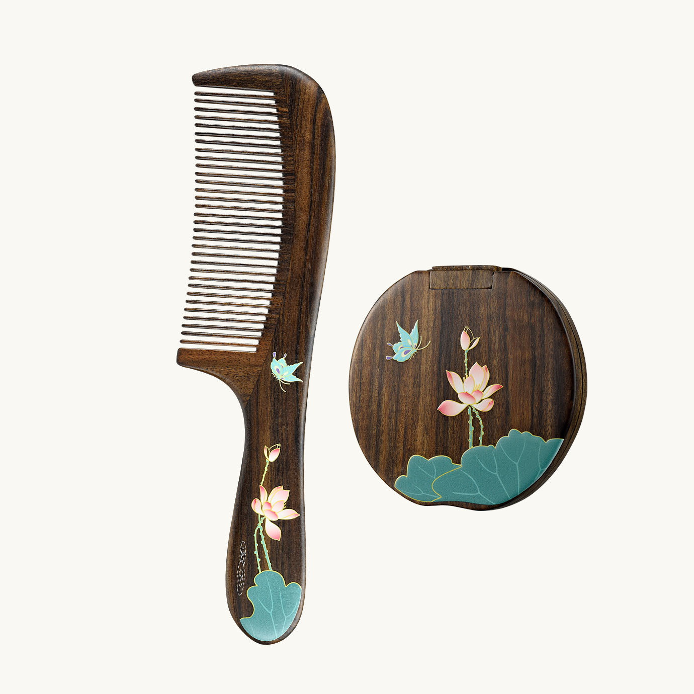 Wooden Comb & Mirror Set (Butterfly & Lotus ) – Tan Mujiang