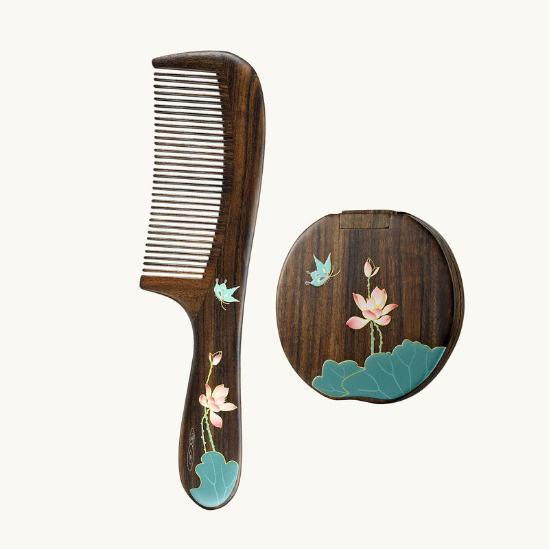 Wooden Comb & Mirror Set (Butterfly & Lotus )