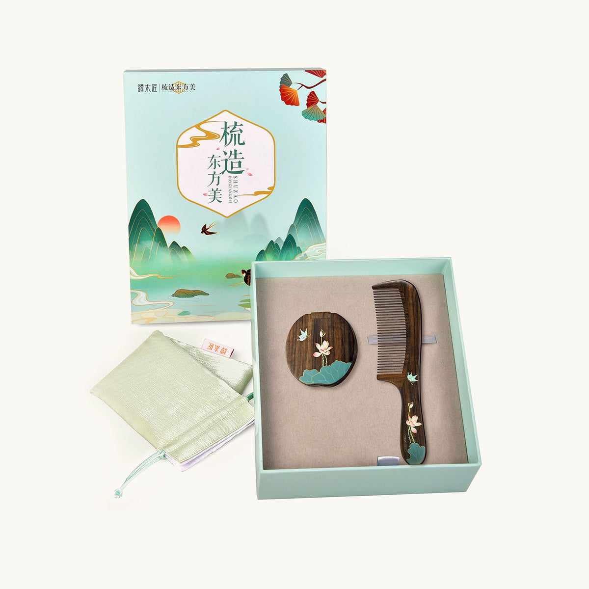 Wooden Comb & Mirror Set (Butterfly & Lotus )