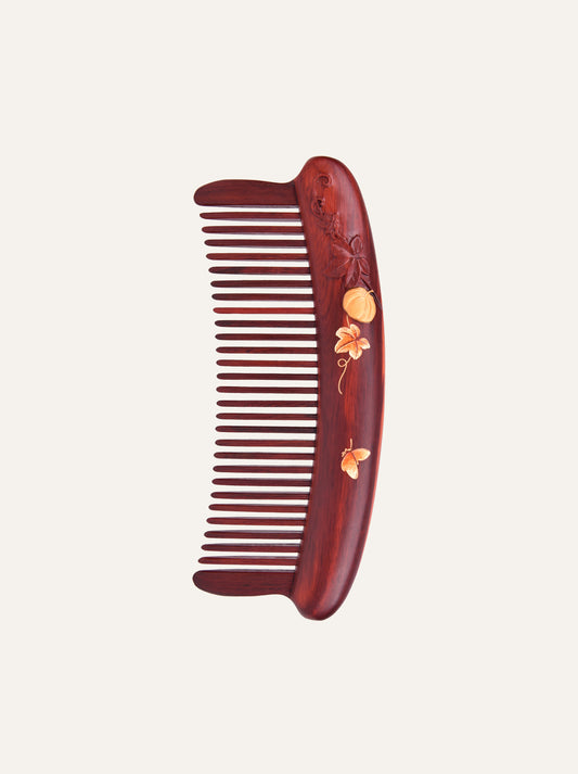 Red Wood Hair Comb (Melon & Leaf Pattern)