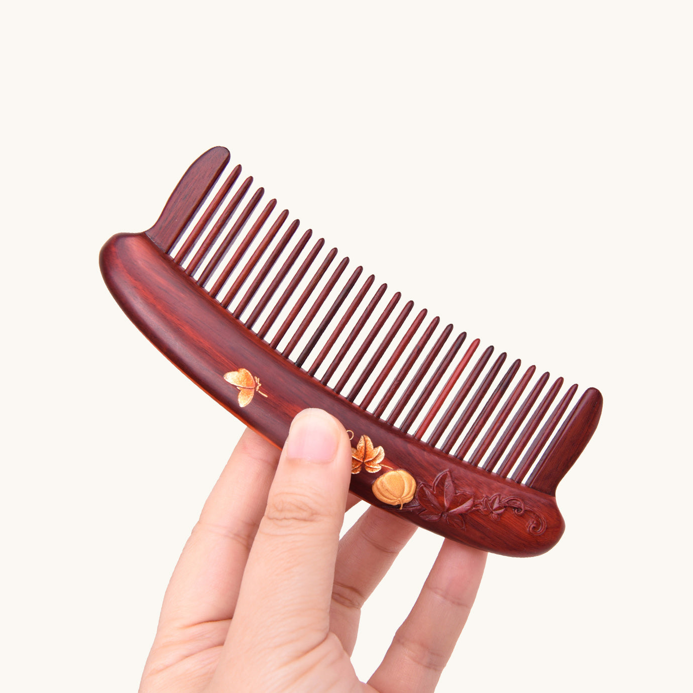 Red Wood Hair Comb (Melon & Leaf Pattern)