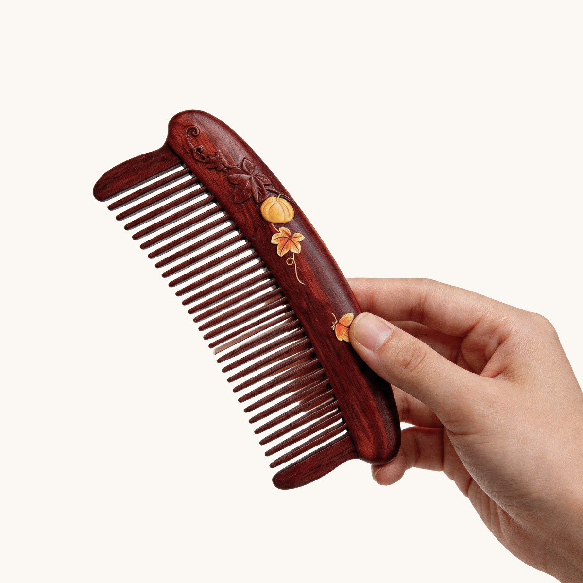 Red Wood Hair Comb (Melon & Leaf Pattern)