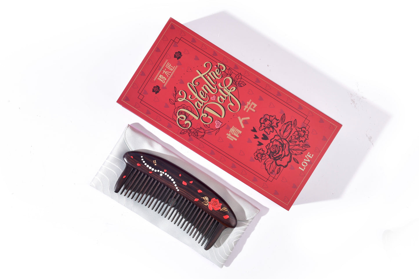 Peigne en bois pour cheveux pour amoureux (motif rose)